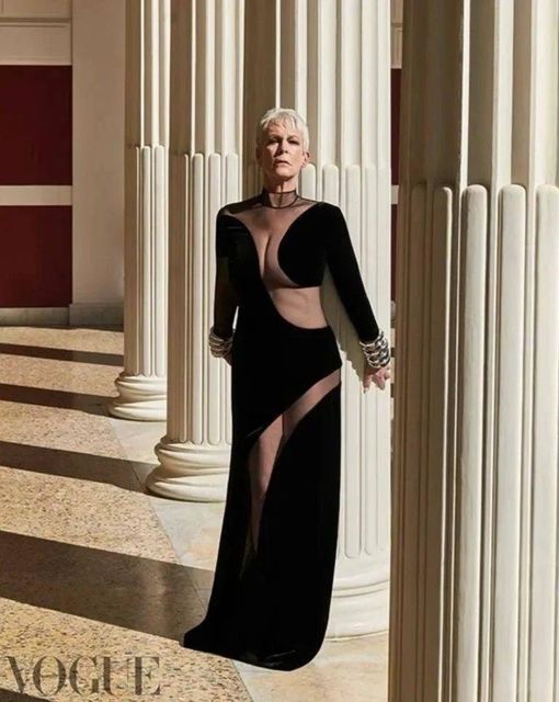 AN ELEGANT DRESS WITH A DEEP NECKLINE. JAMIE LEE CURTIS SHOWED OFF HER AMAZING FIGURE AT 64 YEARS OLD