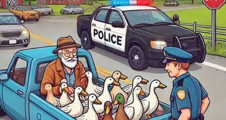 A policeman pulls over an old man driving a pickup truck